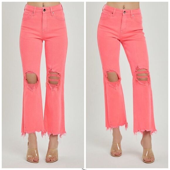 Revolve Risen Jeans Pink NEVIE NEON CORAL DISTRESSED HIGH RISE STRAIGHT LEG Jean - Picture 1 of 9
